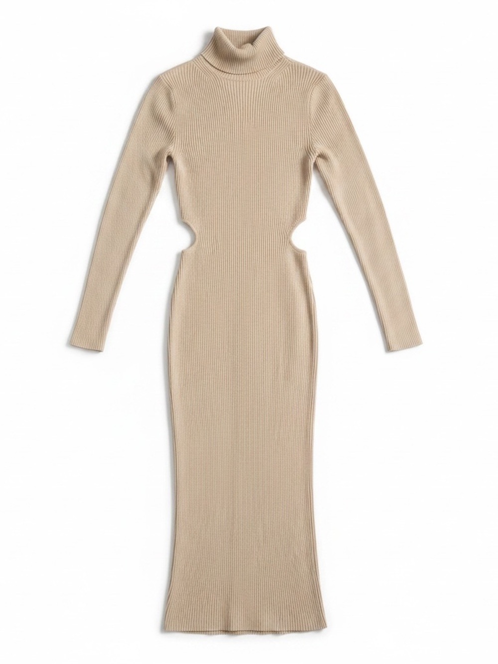 Lulu”s Beige Ribbed Turtleneck Cutout Midi Dress